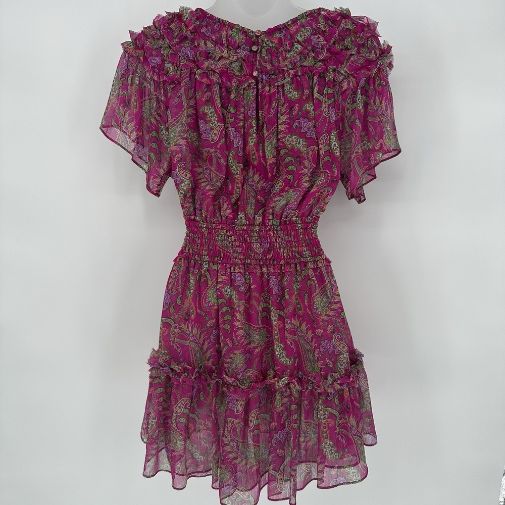 MISA Los Angeles Sz XS Fuschia Paisley Chiffon Mini Dress Smocked Waist Ruffle - Picture 3 of 9